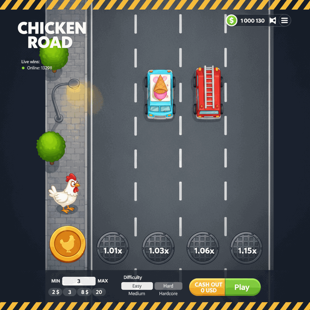 Chicken Road crash game interface showing a cartoon chicken standing on an urban sidewalk preparing to cross multiple grey asphalt road lanes with white dashed dividers, manhole covers displaying multiplier values, and animated traffic vehicles moving horizontally across lanes